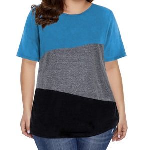BLUE GRAY BLACK CREW NECK STRIPED COLOR BLOCK PULLOVER TOP SIZE 1X 14-16